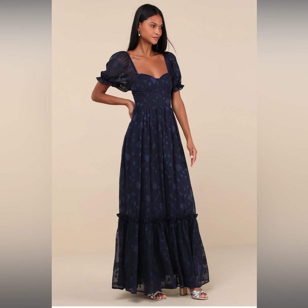 Lulus Phenomenal Sweetness Navy Floral Burnout Bustier Maxi Dress- Navy